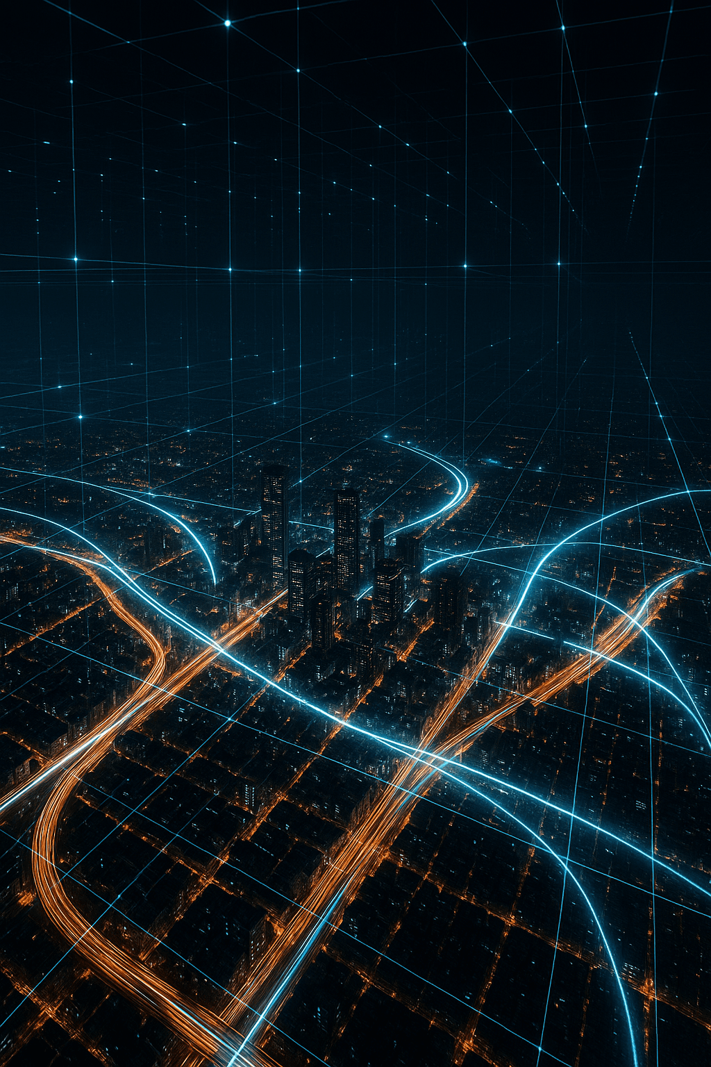 Futuristic city at night with red neon accents